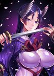  absurdres bad_id bad_pixiv_id blush bodysuit breasts fate/grand_order fate_(series) fingerless_gloves gloves highres large_breasts long_hair looking_at_viewer may_(2747513627) minamoto_no_raikou_(fate/grand_order) purple_eyes purple_hair simple_background smile solo upper_body very_long_hair 