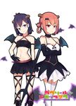  armlet bat_hair_ornament bat_wings black_dress black_gloves breasts bustier choker cleavage commentary_request copyright_name cross-laced_legwear crossed_arms demon_girl demon_horns demon_wings dress elbow_gloves gabriel_dropout gloves hair_ornament hair_rings hairpin hallelujah_essaim hand_on_hip highres horns kurumizawa_satanichia_mcdowell logo medium_breasts midriff multiple_girls navel pixelated pleated_skirt polearm purple_eyes purple_hair red_eyes red_hair short_hair simple_background skirt small_breasts thighhighs trident tsukinose_vignette_april weapon white_background white_legwear wings wujia_xiaozi x_hair_ornament 