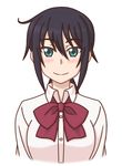  amaama_to_inazuma black_hair blush dress_shirt green_eyes hair_between_eyes iida_kotori long_hair looking_at_viewer mugen_ouka ponytail school_uniform shirt sidelocks simple_background smile solo upper_body white_background 