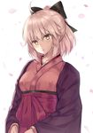  ahoge bangs black_bow bow closed_mouth expressionless fate_(series) hair_bow hakama half_updo jacket japanese_clothes kanikou kimono koha-ace long_sleeves looking_at_viewer okita_souji_(fate) okita_souji_(fate)_(all) open_clothes open_jacket petals pink_hair ponytail red_hakama red_kimono short_hair simple_background solo tareme upper_body white_background wide_sleeves yellow_eyes 