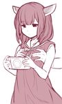  bangs blunt_bangs blush breast_fondle closed_mouth commentary_request dress expressionless eyebrows_visible_through_hair grabbing grabbing_from_behind handheld_game_console holding holding_handheld_game_console monochrome playstation_portable simple_background sketch solo touhoku_kiritan voiceroid yagi_(ningen) 
