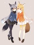  animal_ears arm_behind_back beige_background black_bow black_gloves black_legwear black_neckwear black_skirt blue_hair blue_jacket blush bow bowtie breast_pocket brown_eyes brown_footwear brown_gloves buttons closed_mouth eye_contact ezo_red_fox_(kemono_friends) fox_ears fox_tail full_body fur-trimmed_sleeves fur_trim gloves gradient_hair hair_between_eyes highres holding_hands jacket kemono_friends loafers long_hair looking_at_another looking_at_viewer multicolored multicolored_clothes multicolored_hair multicolored_legwear multiple_girls naoto_(tulip) necktie orange_jacket pantyhose pleated_skirt pocket shoes silver_fox_(kemono_friends) silver_hair simple_background skirt smile standing tail tareme very_long_hair white_hair white_legwear white_skirt yellow_legwear yellow_neckwear 