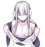  areola_slip areolae bangs bare_shoulders blue_eyes breasts closed_mouth collarbone earmuffs expressionless hair_over_breasts half-closed_eyes japanese_clothes kimono kimono_pull long_hair medium_breasts original sidelocks solo upper_body white_hair yagi_(ningen) yukimi_(yagi) 