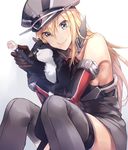  :t anchor_hair_ornament bismarck_(kantai_collection) black_cat blonde_hair blue_eyes brown_gloves cat cheek_squash detached_sleeves elbow_gloves gloves grey_legwear hair_ornament hat ichikei kantai_collection long_hair looking_at_viewer military military_hat military_uniform peaked_cap simple_background sitting thighhighs uniform unsinkable_sam white_background 