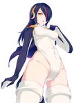  40hara ass_visible_through_thighs black_hair breasts covered_navel cowboy_shot crotch d: emperor_penguin_(kemono_friends) from_below gesugao hair_over_one_eye hand_on_own_chest headphones highleg highleg_leotard hood hooded_jacket jacket kemono_friends leotard long_hair medium_breasts multicolored_hair open_mouth orange_eyes simple_background solo streaked_hair thighhighs turtleneck v-shaped_eyebrows white_background white_legwear 