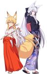  animal_ears bangs black_bow black_kimono blue_eyes blue_kimono bow closed_mouth commentary_request eyebrows_visible_through_hair fang fang_out floral_print fox_ears fox_girl fox_tail full_body gohei gradient_clothes grey_hair hair_between_eyes hair_bow hakama half_updo hand_up holding japanese_clothes kimono lavender_hair light_smile long_hair looking_at_viewer looking_back miko multiple_girls obi oonusa original pleated_skirt red_skirt sash sidelocks simple_background skirt smile standing tail tamakagura_inari tamamo_(yagi) very_long_hair white_background wide_sleeves yagi_(ningen) 