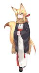  :o animal_ears bangs black_legwear blonde_hair blush breath clog_sandals coat eyebrows_visible_through_hair fox_ears fox_girl fox_tail green_eyes hair_between_eyes hands_in_opposite_sleeves hanten_(clothes) japanese_clothes kimono long_hair long_sleeves looking_away looking_to_the_side magatama original parted_lips scarf sidelocks simple_background solo tabi tail tamakagura_inari walking white_background white_kimono wide_sleeves yagi_(ningen) 