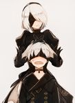  1girl black_dress black_gloves black_hairband blindfold blush covered_eyes dress gloves hairband juliet_sleeves long_sleeves mole mole_under_mouth nier_(series) nier_automata open_mouth puffy_sleeves short_hair silver_hair simple_background smile totteri yorha_no._2_type_b yorha_no._9_type_s 