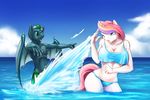 2017 anthro bat_pony bat_wings bikini breasts cleavage clothed clothing d-lowell duo ebony_(oc) equine fan_character female horn lilly_(oc) male mammal membranous_wings my_little_pony sea splash swimsuit unicorn water wings 