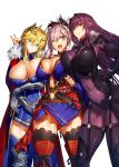 3girls :d armor artoria_pendragon_(all) artoria_pendragon_(lancer) black_legwear blue_eyes blue_kimono bodysuit braid breast_press breasts cape cleavage commentary_request covered_navel crown detached_sleeves earrings fate/grand_order fate_(series) french_braid fur_collar gauntlets hair_intakes hair_ornament highres japanese_clothes jewelry kimono large_breasts long_hair looking_at_viewer melon22 miyamoto_musashi_(fate/grand_order) multiple_girls navel_cutout one_eye_closed open_mouth pink_hair ponytail purple_bodysuit purple_hair red_eyes scathach_(fate)_(all) scathach_(fate/grand_order) shoulder_armor sidelocks sleeveless sleeveless_kimono smile thighhighs v wide_sleeves yamoge 