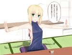  ahoge armpits arms_up artoria_pendragon_(all) bad_id bad_pixiv_id bare_arms bare_back bare_shoulders black_sweater blue_ribbon blush breasts eyebrows_visible_through_hair fate/stay_night fate_(series) green_eyes hair_ornament hair_ribbon highres komainu_(yamaha1997) looking_at_viewer medium_breasts meme_attire open_mouth pink_lips ribbon room saber shelf short_hair sitting smile solo sunlight sweater table text_focus tile_wall tiles translation_request virgin_killer_sweater window 