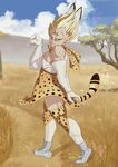  absurdres animal_ears animal_print bare_shoulders blonde_hair blue_sky boots cloud commentary cosplay crossdressing day dragon_ball dragon_ball_z elbow_gloves extra_ears eyebrows facial_mark forehead_mark full_body gloves green_eyes highres kemono_friends looking_at_viewer majin_vegeta male_focus muscle nature outdoors savannah serval_(kemono_friends) serval_(kemono_friends)_(cosplay) serval_ears serval_print serval_tail shirt short_hair skirt sky sleeveless sleeveless_shirt smile solo standing tail thighhighs trait_connection usagiherb_(z753503634) vegeta what white_footwear white_shirt zettai_ryouiki 