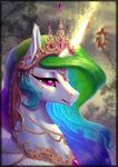  2017 begasuslu cloud crown equine feathered_wings feathers female feral friendship_is_magic hair horn jewelry looking_at_viewer magic mammal multicolored_hair my_little_pony necklace outside princess_celestia_(mlp) purple_eyes royalty sky solo tree white_feathers winged_unicorn wings 