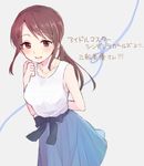  blush breasts brown_eyes brown_hair commentary_request highres idolmaster idolmaster_cinderella_girls long_hair looking_at_viewer medium_breasts mifune_miyu open_mouth ponytail sleeveless smile solo translated yushima 