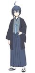  ahoge asugano_subaru asymmetrical_hair bangs blue_eyes blue_hair closed_mouth commentary_request eyebrows_visible_through_hair full_body grey_kimono hair_between_eyes hakama haori japanese_clothes kimono looking_at_viewer male_focus original sandals simple_background smile socks solo standing white_background white_legwear yagi_(ningen) 