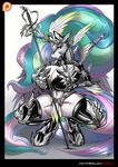  2017 anthro anthrofied armor black_border border breasts cleavage clothed clothing crouching equine feathered_wings feathers female friendship_is_magic hair holding_breast horn long_hair mammal mirapony multicolored_hair my_little_pony navel patreon princess_celestia_(mlp) solo winged_unicorn wings 
