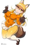  animal_ears blazer bow bowtie brown_gloves buttons covered_nipples extra_ears eyebrows_visible_through_hair ezo_red_fox_(kemono_friends) fox_ears fox_shadow_puppet fox_tail fur_trim gloves haku_hakujou_daimaou highres jacket kemono_friends loafers long_hair long_sleeves looking_at_viewer multicolored multicolored_clothes multicolored_legwear necktie orange_hair panties pantyhose pleated_skirt shoes signature skirt solo tail underwear white_bow white_neckwear white_panties white_skirt wide_hips yellow_eyes yellow_neckwear 