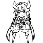  adapted_costume alternate_breast_size arms_behind_back blush breasts commentary frown greyscale horns invader kanna_kamui kobayashi-san_chi_no_maidragon large_breasts looking_at_viewer midriff monochrome older solo sweatdrop underboob upper_body white_background 