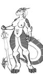  aldris black_and_white breasts claws dragon female hair horn jeffthehusky knight long_tail melee_weapon monochrome nipples nude ponytail pussy scalie scar short_hair sketch spikes stripes sword thick_thighs weapon wide_hips 