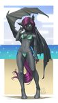  2017 absurd_res anthro bat_pony bat_wings bikini blush clothing cutie_mark fan_character fangs female green_eyes hair hi_res membranous_wings my_little_pony mykegreywolf navel purple_hair smile solo swimsuit wings 