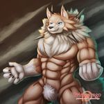  anthro canine fur hair horn lycanroc male mammal midday_lycanroc muscular nintendo nude patreon pok&eacute;mon primodrago smile solo video_games watermark 