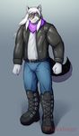  anthro bandanna belt boots canine clothed clothing fluffy fluffy_tail footwear fur grey_background grey_fur hair jacket jeans long_hair looking_at_viewer male mammal multicolored_fur muscular pants pink_nose primodrago purple_eyes shirt simple_background smile solo standing two_tone_fur white_fur white_hair 