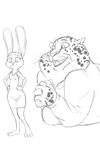  2017 akiric anthro benjamin_clawhauser black_and_white cheetah clothed clothing disney dress duo feline female hands_on_hips judy_hopps lagomorph male mammal monochrome rabbit simple_background size_difference smile white_background zootopia 