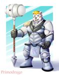  anthro armor bear clothed clothing fur hair hammer male mammal muscular open_mouth polar_bear primodrago solo standing tools 