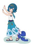  :d armpits bangs bare_arms bare_shoulders belt blue_eyes blue_hair blue_pants blue_sailor_collar blue_swimsuit blush breasts bright_pupils brown_hairband capri_pants closed_eyes commentary_request crop_top from_side full_body gen_7_pokemon hairband highres kiri_(foxsnake) looking_at_viewer no_legwear one-piece_swimsuit open_mouth outstretched_arms pants pokemon pokemon_(creature) pokemon_(game) pokemon_sm popplio ribbon-trimmed_pants ribbon_trim sailor_collar sandals shadow shirt short_hair simple_background sleeveless sleeveless_shirt small_breasts smile suiren_(pokemon) swimsuit swimsuit_under_clothes trial_captain walking white_background white_shirt 