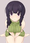  backless_outfit bangs bare_arms bare_back bare_legs bare_shoulders black_eyes black_hair blunt_bangs breasts dress from_above halterneck highres kantai_collection kiri_(foxsnake) kitakami_(kantai_collection) looking_at_viewer medium_breasts meme_attire naked_sweater ribbed_sweater sideboob sitting solo sweater sweater_dress turtleneck turtleneck_sweater virgin_killer_sweater 