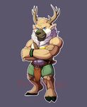  anthro antlers cervine chibi clothed clothing deer horn looking_at_viewer male mammal muscular primodrago smile solo standing 