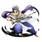  bracelet brown_eyes collarbone divine_gate earrings full_body holding holding_sword holding_weapon jewelry long_hair looking_at_viewer magi_the_labyrinth_of_magic male_focus official_art ponytail purple_hair sheath sinbad_(magi) smile solo sword transparent_background ucmm unsheathed very_long_hair weapon 