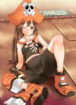  bike_shorts blush boots breasts brown_eyes brown_hair cameltoe covered_nipples detached_collar eyebrows fingerless_gloves gloves guilty_gear guilty_gear_xrd hair_between_eyes hat long_hair lying may_(guilty_gear) midriff navel on_back one_eye_closed pants_around_one_leg pirate_hat ponkotsu sailor_collar small_breasts spread_legs sweatdrop 