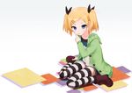  bad_id bad_pixiv_id black_bow blonde_hair blue_eyes boots bow eating eyebrows_visible_through_hair food hair_bow highres looking_at_viewer medium_hair okayparium pocky shirobako solo striped striped_legwear sweater thighhighs yano_erika 