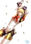  absurdres aegis_(persona) arms_up blonde_hair blue_eyes bodysuit dutch_angle highres kayanogura mechanical_parts persona persona_3 ribbon robot_joints shell_casing short_hair solo white_background 