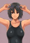  amagami armpits arms_up black_hair brown_eyes competition_swimsuit goggles goggles_on_head grey_background looking_at_viewer nanasaki_ai one-piece_swimsuit short_hair simple_background smile solo swimsuit tomoshiki upper_body 