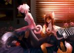  2017 anthro areola black_fur black_hair black_nipples breasts brown_fur brown_hair brown_nipples canine feline female fox fur group hair inside kira_(kirakitten) long_hair looking_at_viewer lying mammal mr-las nipples nude on_back pawpads pink_fur red_fur side_boob sikiliya sitting smile stripes white_fur white_hair window 