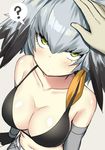  ? arms_at_sides bare_shoulders bikini_top black_bikini_top black_gloves black_hair blush breasts cleavage closed_mouth collarbone elbow_gloves expressionless gloves gradient_hair green_eyes hair_between_eyes hands highres kemono_friends large_breasts looking_at_viewer looking_up multicolored_hair navel out_of_frame petting pov pov_hands shiny shiny_hair shiny_skin shoebill_(kemono_friends) silver_hair sky_(freedom) solo_focus speech_bubble spoken_question_mark stomach 