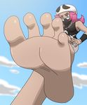  1girl barefoot dark_skin feet legs mostlyfunstuff pink_eyes pink_hair pokemon pokemon_sm pov_feet sky soles solo team_skull toes 