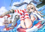  ass blonde_hair blue_skirt blush boots breasts cameltoe cloud crop_top crop_top_overhang day eating elbow_gloves eyebrows_visible_through_hair food gloves holding holding_food innertube kantai_collection long_hair looking_at_viewer medium_breasts open_mouth popsicle rensouhou-chan shimakaze_(kantai_collection) shungikuten skirt smile striped striped_legwear underboob water wedgie 