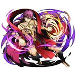 absurdly_long_hair brown_eyes collarbone divine_gate djinn_equip feathers full_body hair_between_eyes long_hair looking_at_viewer magi_the_labyrinth_of_magic male_focus official_art purple_feathers purple_hair sinbad_(magi) solo tattoo transparent_background ucmm very_long_hair 