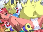  4:3 all_fours anthro anthrofied armband blue_eyes blush brown_eyes butt canine claws clothing duo edit eeveelution eye_contact female female/female fur g-sun hair hat jolteon kissing licking lying mammal multi_tail nintendo nurse nurse_uniform on_back pok&eacute;mon pok&eacute;morph pussy pussy_juice rear_view red_hair saliva skirt spread_legs spreading sweat tears tongue tongue_out uniform upskirt video_games vulpix wet yellow_fur 