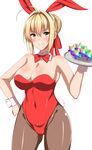  ahoge animal_ears blonde_hair bow bowtie breasts brown_legwear bunny_ears bunny_tail bunnysuit cleavage cowboy_shot crystal detached_collar fate/extra fate_(series) green_eyes hair_bun hair_ribbon huge_breasts leotard long_hair looking_at_viewer nero_claudius_(fate) nero_claudius_(fate)_(all) pantyhose red_bow red_leotard red_neckwear red_ribbon ribbon saint_quartz simple_background smile solo stellated_octahedron strapless strapless_leotard tail tray white_background wonawo wrist_cuffs 