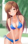  bangs bare_arms bare_shoulders bikini blue_bikini blue_ribbon blurry blurry_background breasts bright_pupils brown_eyes brown_hair cleavage closed_mouth collarbone commentary_request contrapposto cowboy_shot eyebrows_visible_through_hair highres idolmaster idolmaster_cinderella_girls long_hair looking_at_viewer medium_breasts navel nitta_minami pink_lips ribbon smile solo standing stomach straight_hair swept_bangs swimsuit taka_(takahirokun) tareme 