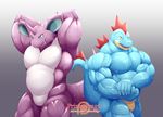  anthro bulge clothing duo featureless_crotch feraligatr flexing looking_at_viewer male muscular nidoking nintendo pok&eacute;mon primodrago sweat underwear video_games 