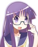  adjusting_eyewear blue_sailor_collar blush eyebrows_visible_through_hair glasses hinata_yukari long_hair looking_at_viewer miiyon open_mouth purple_eyes purple_hair sailor_collar school_uniform school_uniform_(yuyushiki) serafuku smile solo yuyushiki 