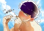  1boy blush condom cum looking_focus male_focus osomatsu-kun osomatsu-san outdoors sky solo sucking sweat 