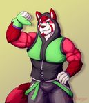  anthro clothed clothing facial_hair goatee looking_at_viewer male mammal muscular primodrago red_panda smile solo standing 