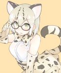 :o adjusting_eyewear animal_ears bad_id bad_pixiv_id bare_shoulders black-framed_eyewear blonde_hair blush bow bowtie breast_pocket breasts buttons cat_ears cat_tail elbow_gloves extra_ears eyebrows eyebrows_visible_through_hair fang glasses gloves gradient_hair green_eyes hair_between_eyes hand_up kemono_friends large_breasts looking_at_viewer margay_(kemono_friends) mobu multicolored_hair open_mouth orange_background pocket sanpaku shirt short_hair simple_background skirt sleeveless sleeveless_shirt solo spotted_hair spotted_skirt striped_tail tail tsurime upper_body v-shaped_eyebrows white_hair white_shirt 