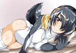  bed bed_sheet black_hair blush breasts brown_eyes closed_mouth dutch_angle emperor_penguin_(kemono_friends) hair_over_one_eye headphones highres hood hoodie kemono_friends large_breasts leotard long_hair looking_at_viewer lying multicolored_hair on_side open_clothes pillow sangyou_haikibutsu_a shiny shiny_clothes shiny_hair shiny_skin smile solo tail thighhighs white_legwear white_leotard 